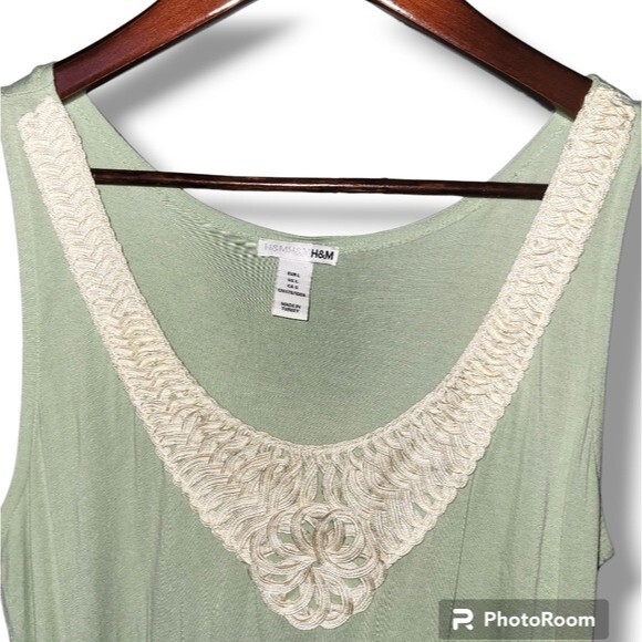 H&M Light Green White Fairycore Boho Cream Ribbon Detail Flowy Tank Top Large L - Picture 2 of 3